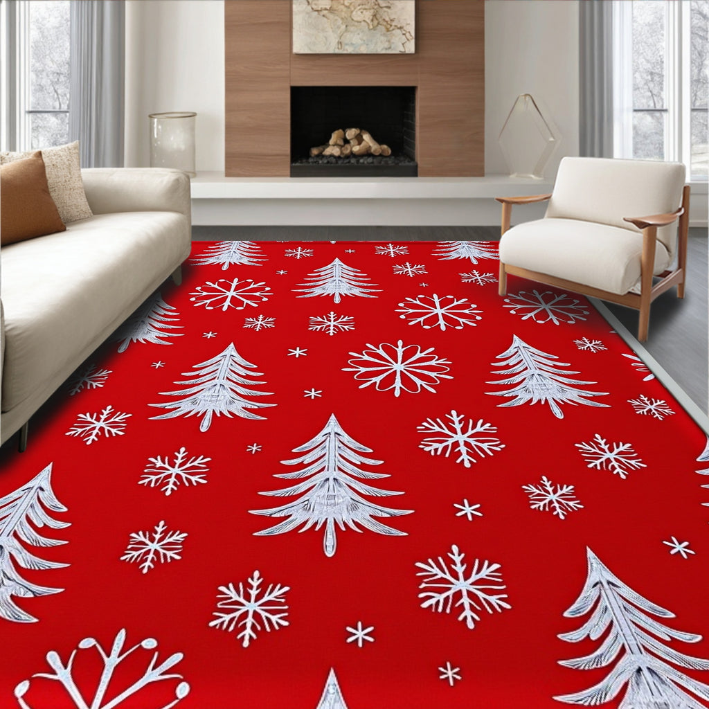 Red White Winter Tree Snowflakes Rug