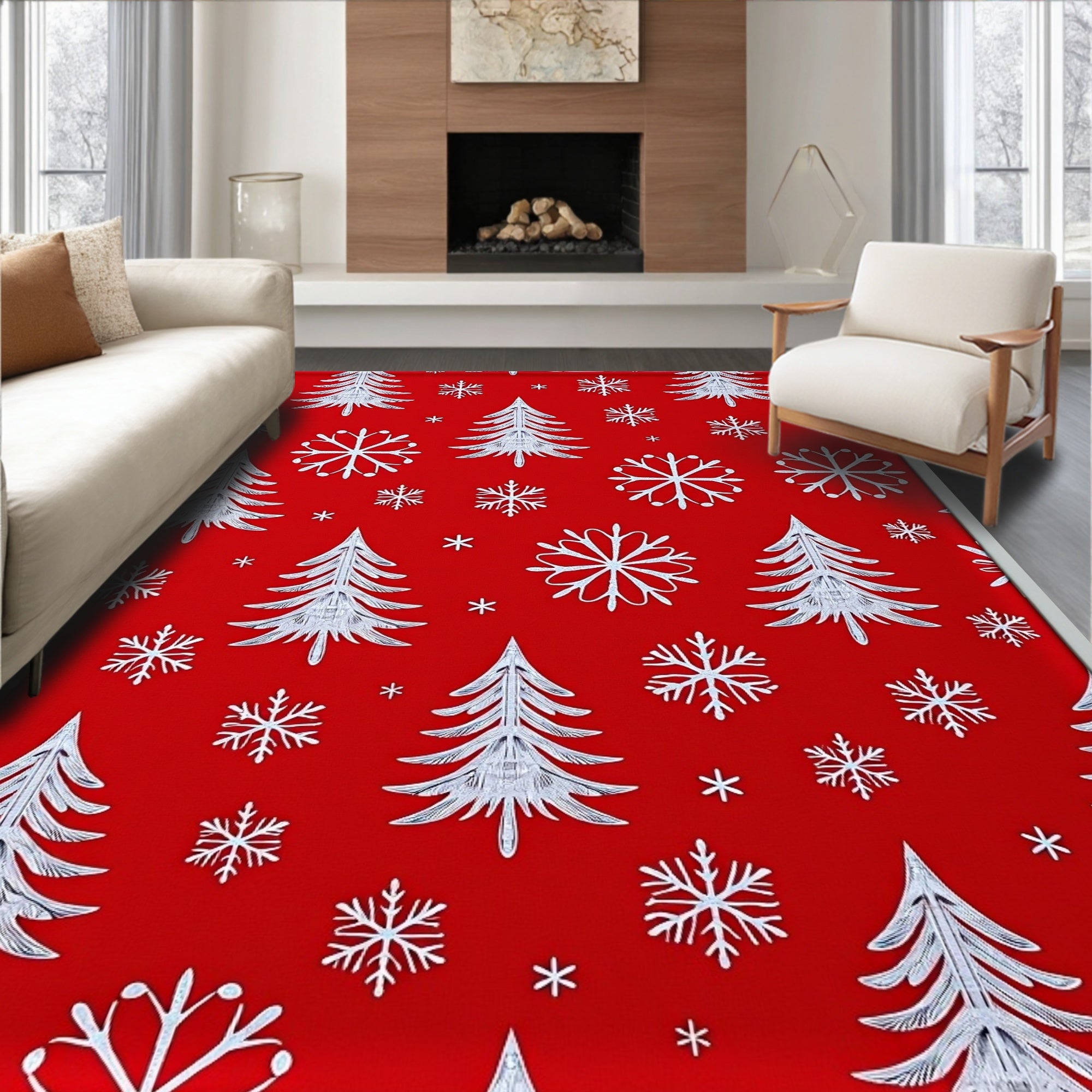 Red White Winter Tree Snowflakes Rug