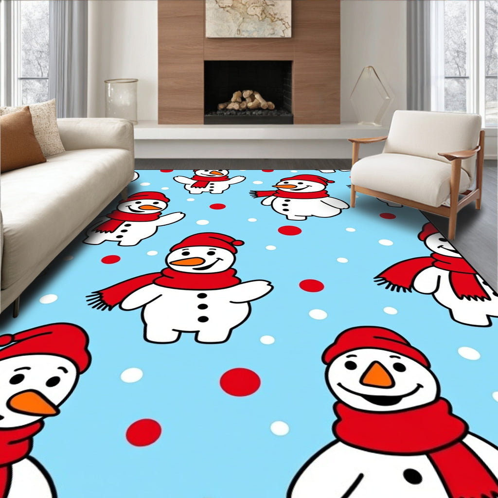 Whimsical Snowman Red Scarf Snowflakes Rug