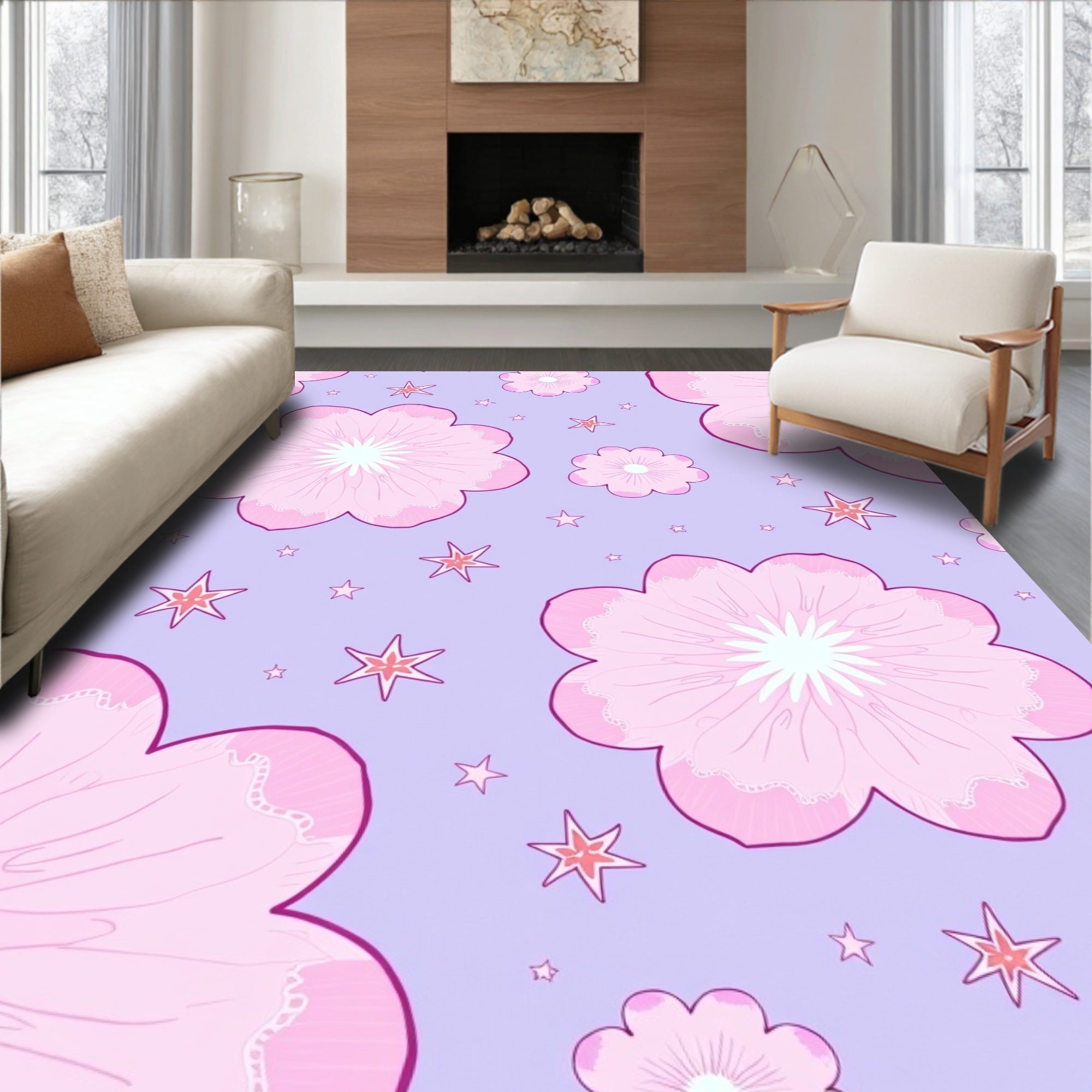Pink Floral Stars on Lavender Background Rug