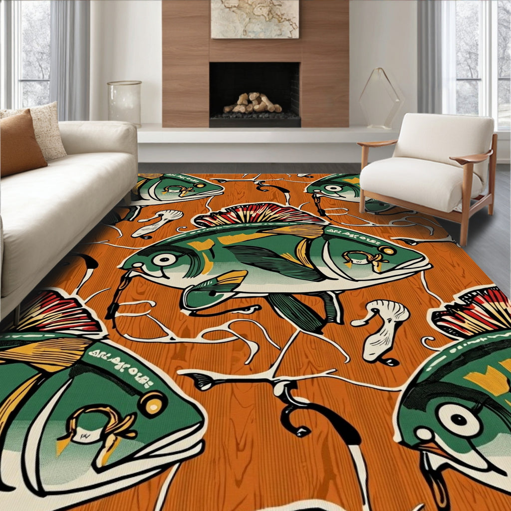 Green Brown Fish Nautical Wood Grain Rug