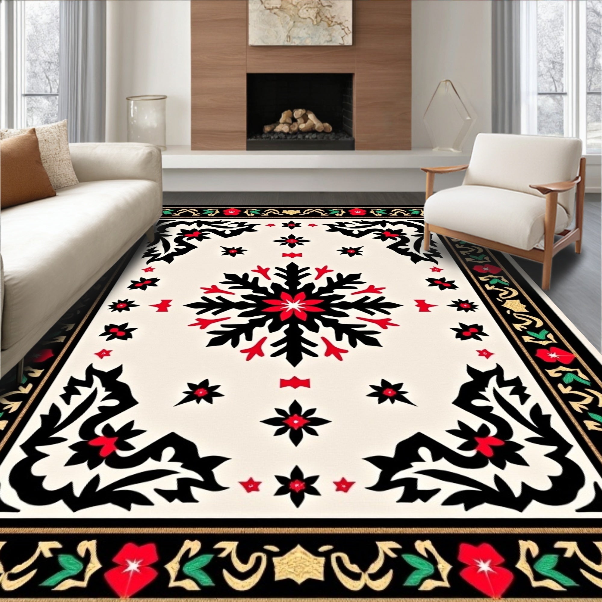 Red and Black Floral Snowflake Medallion Rug