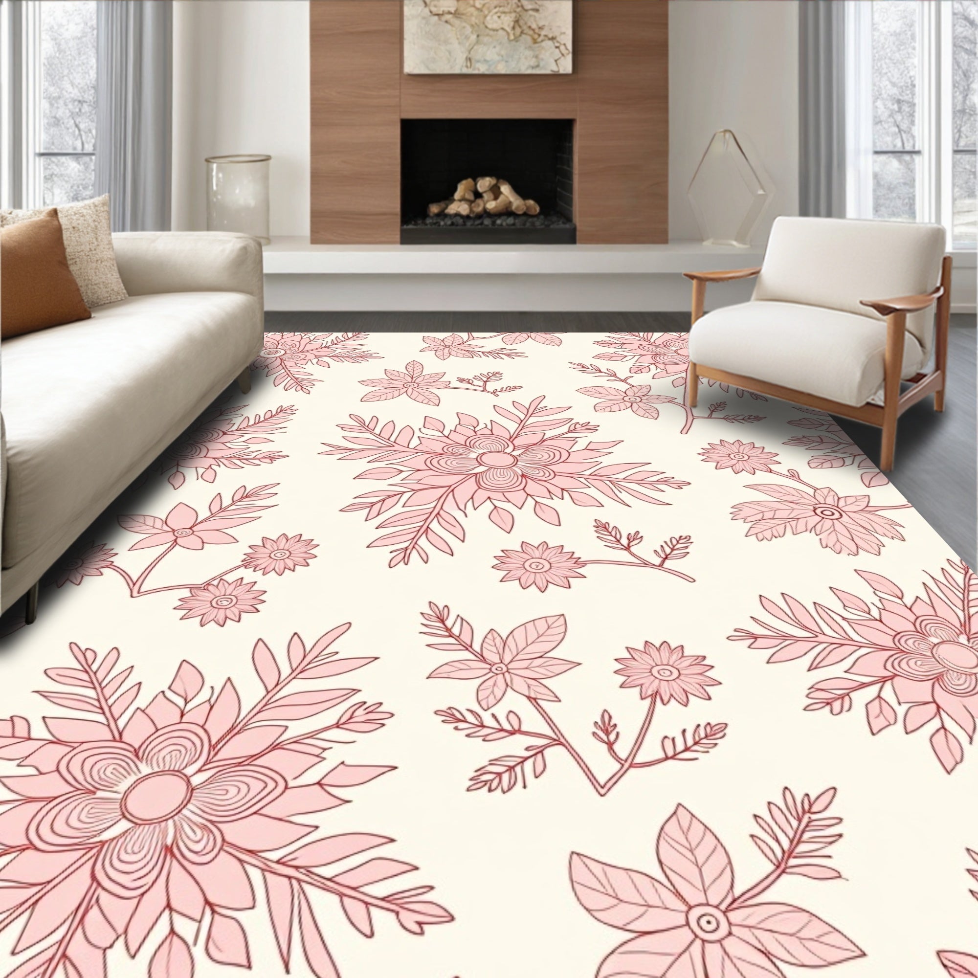 Pink Floral Arrangement On Cream Background Rug