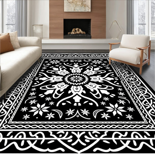 Black White Floral Medallion Borders Rug