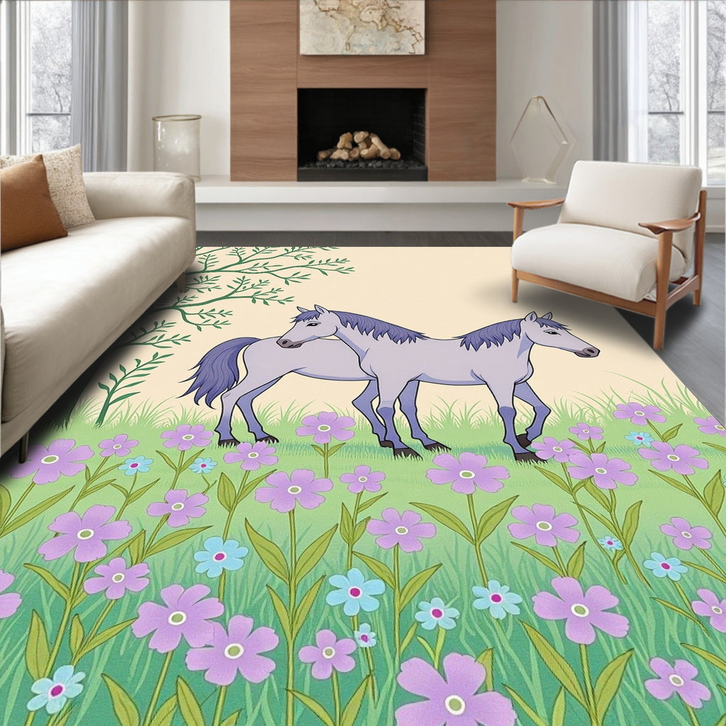 Two Horses Meadow Floral Field Rug