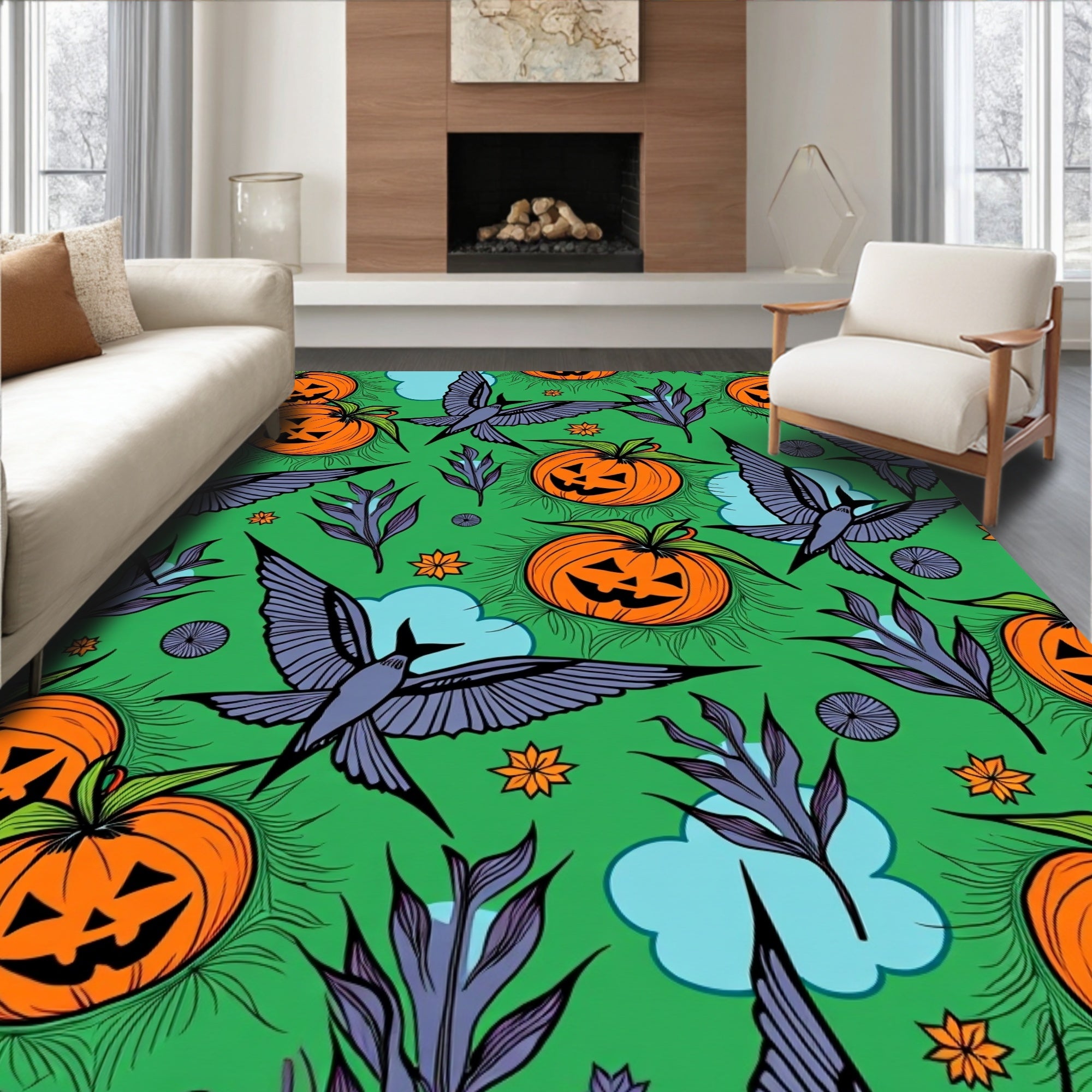 Whimsical Halloween Pumpkins Flying Birds Rug