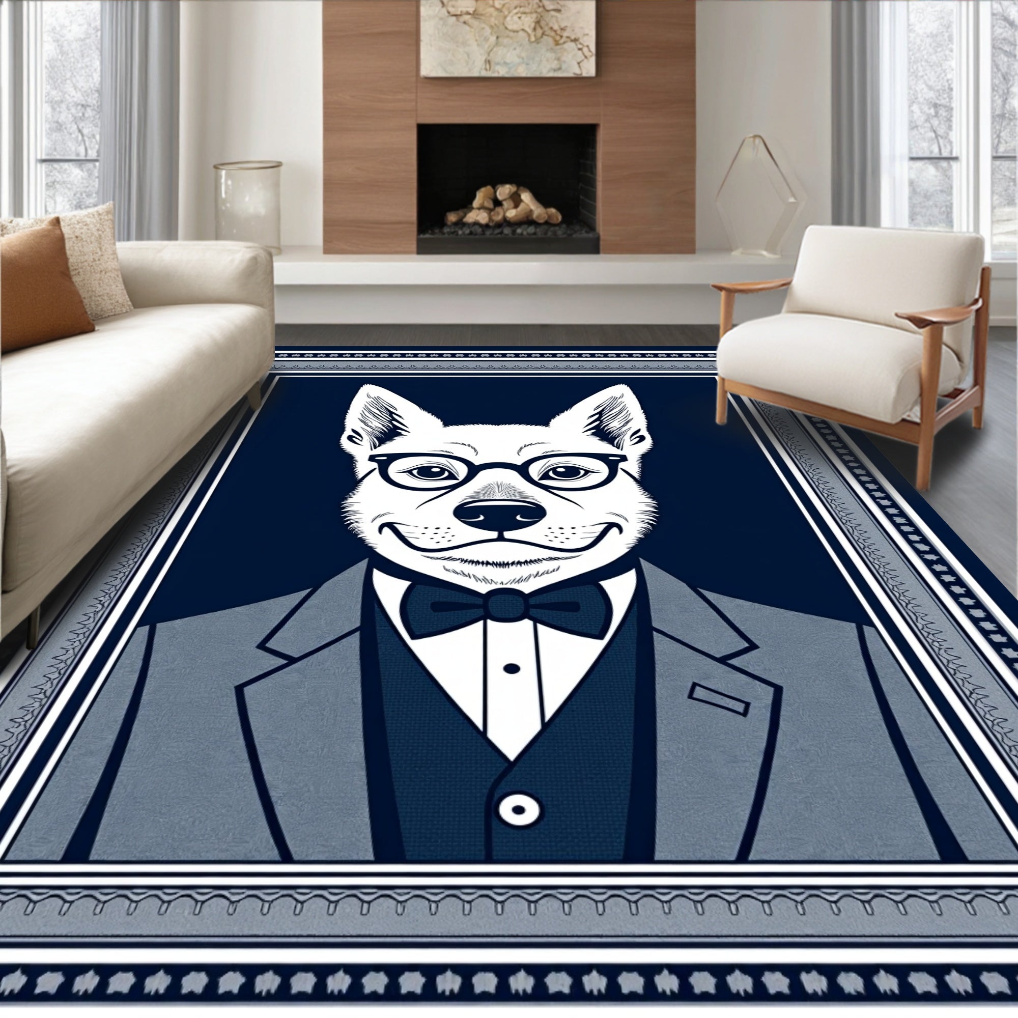 Dapper Canine Portrait Navy Border Rug