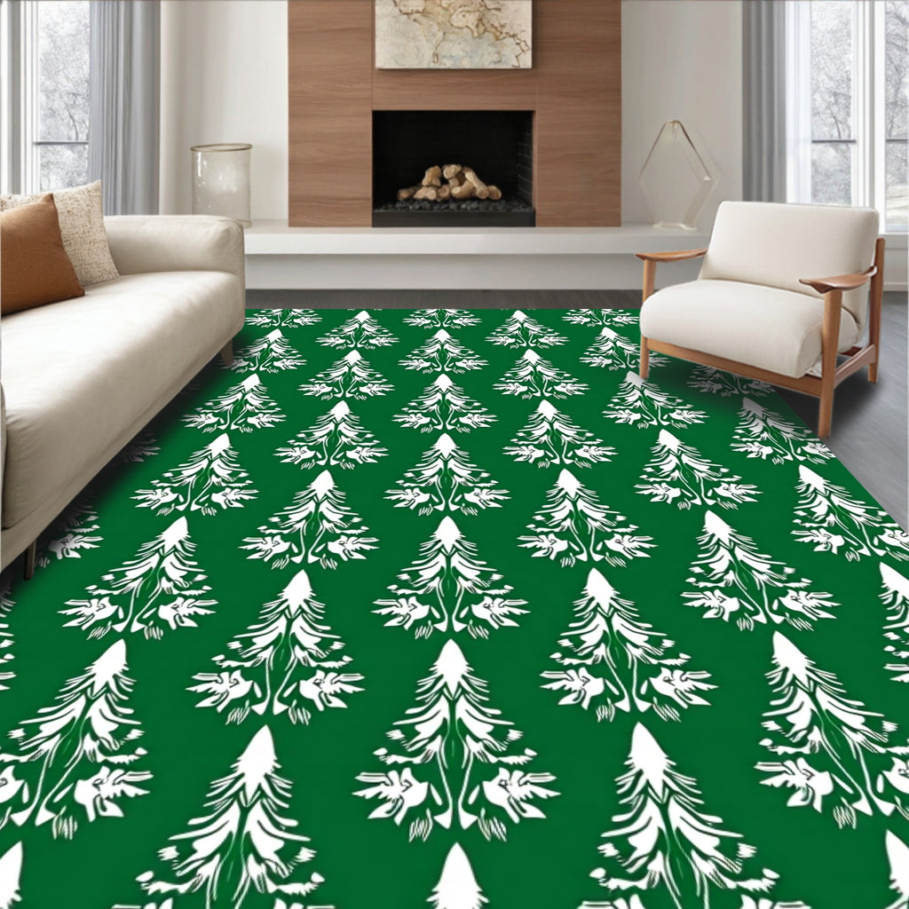 White Evergreen Trees on Green Backdrop Rug