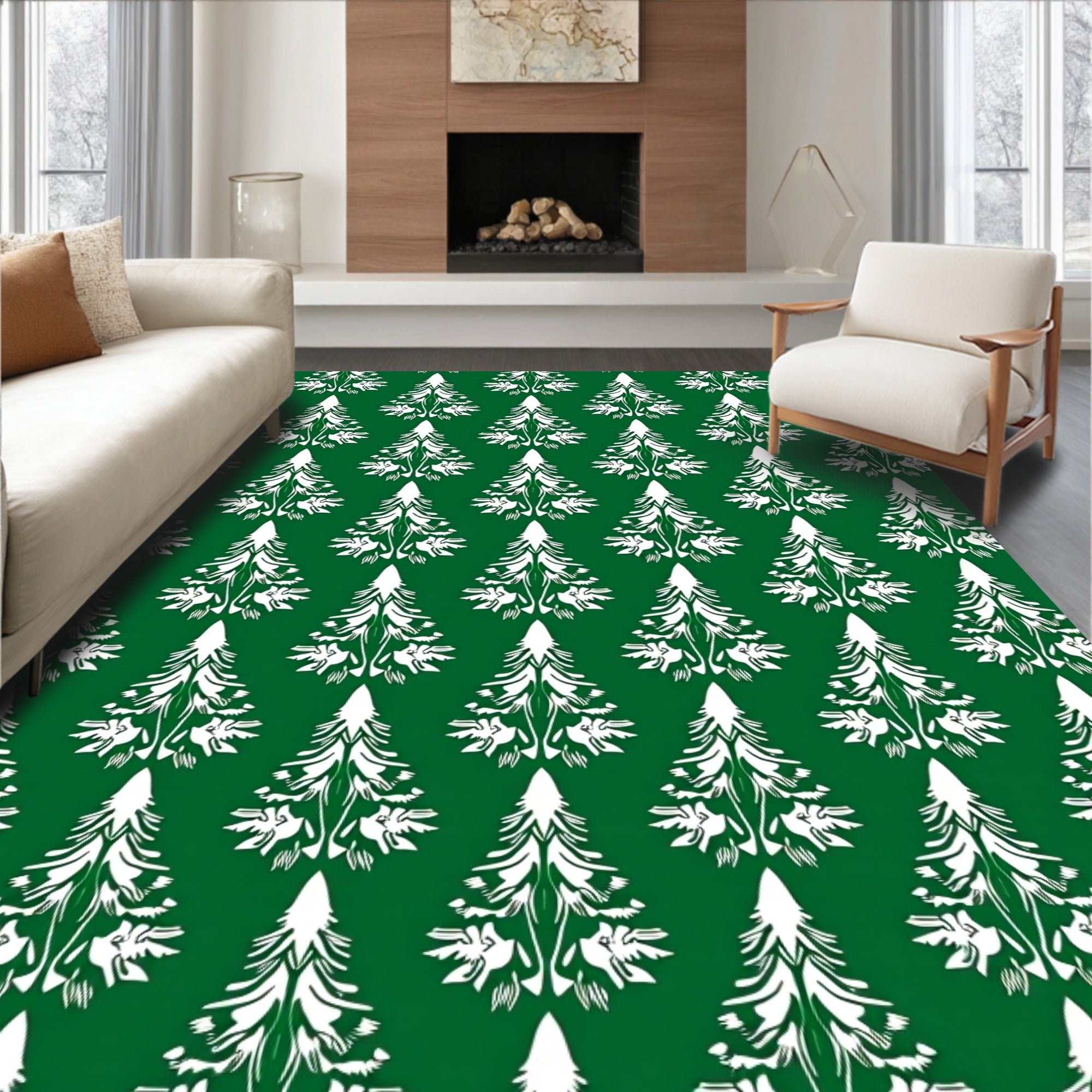 White Evergreen Trees on Green Backdrop Rug