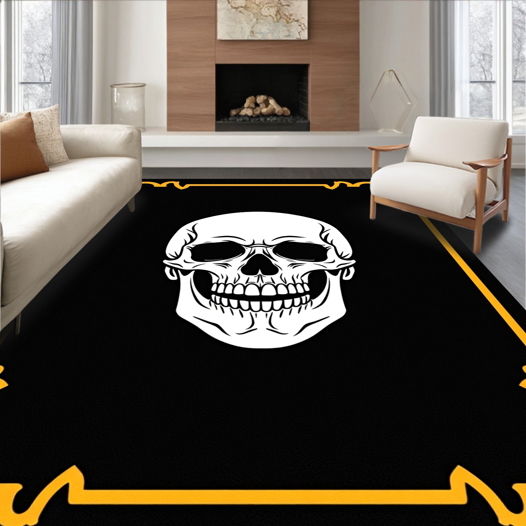 Black White Skull Gothic Border Rug