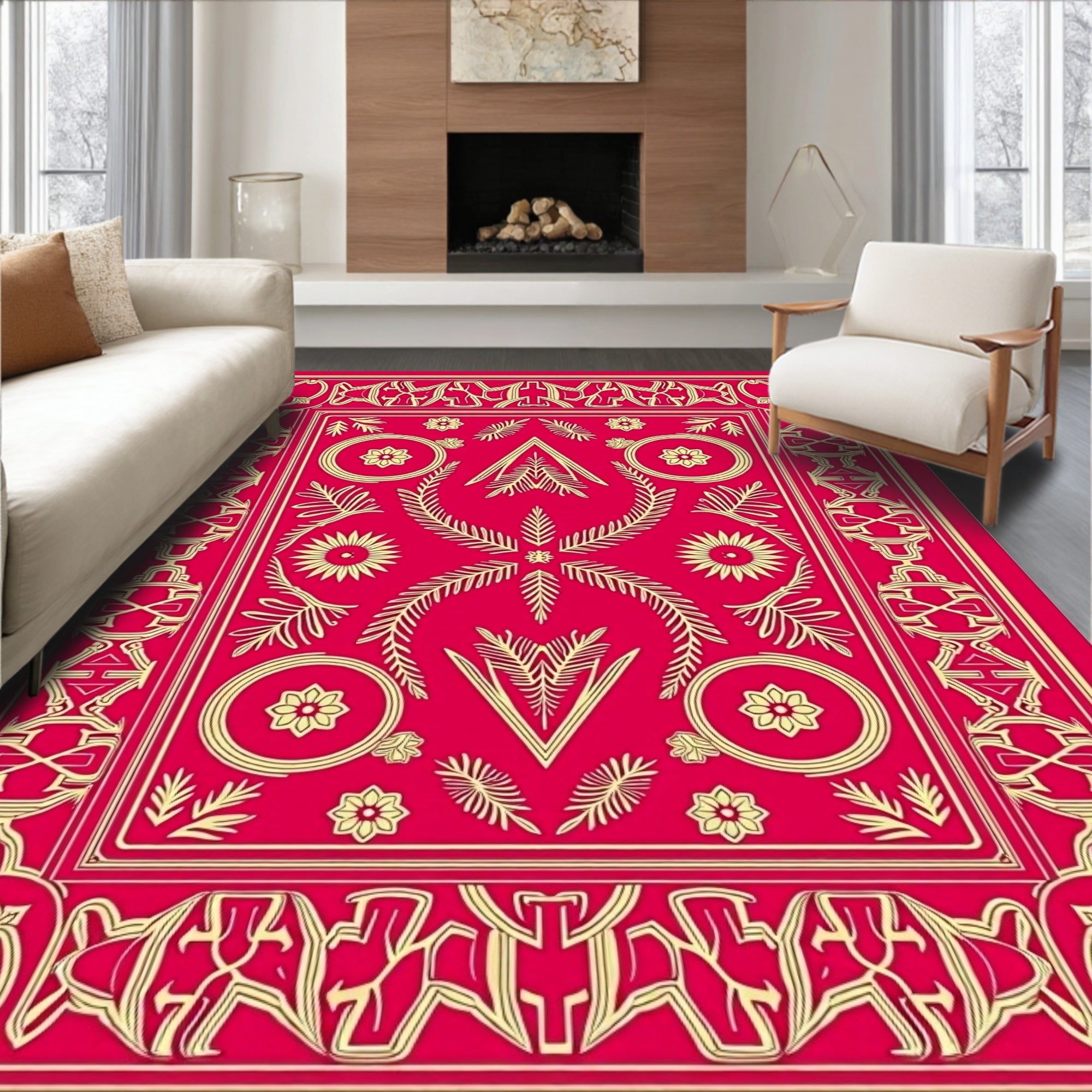 Crimson Gold Elaborate Floral Frame Rug