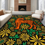 Orange Tiger Among Yellow FloralBloom Rug