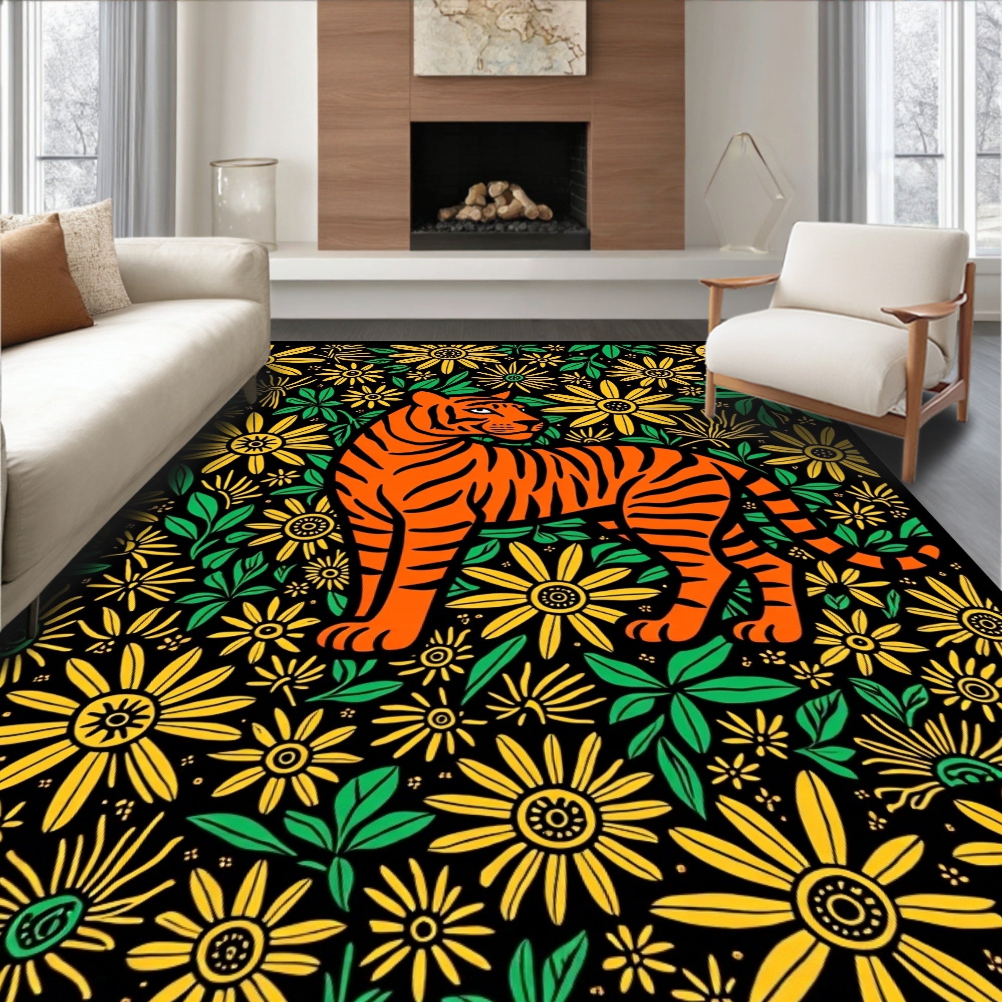 Orange Tiger Among Yellow FloralBloom Rug