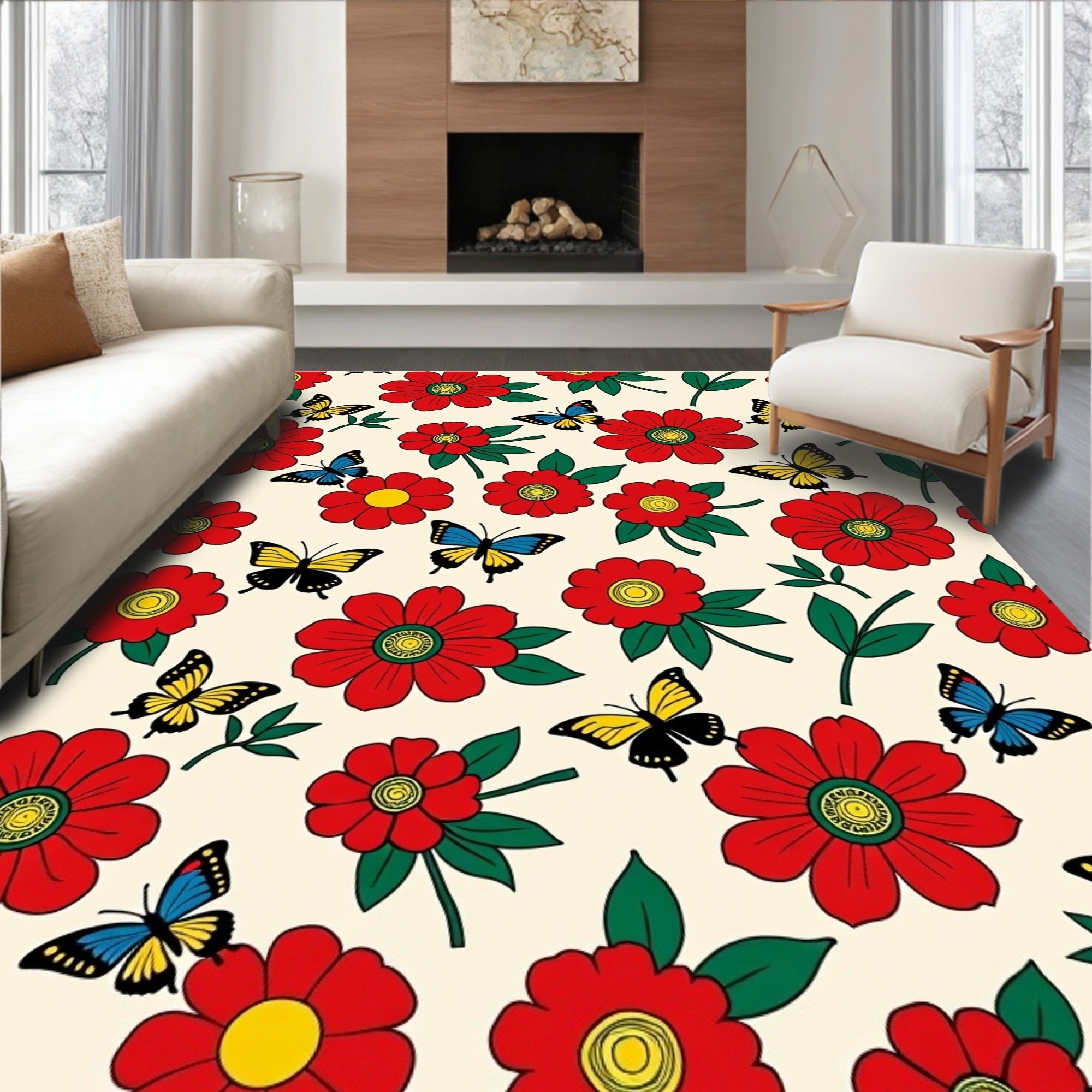Red Flower Yellow Butterfly Garden Rug