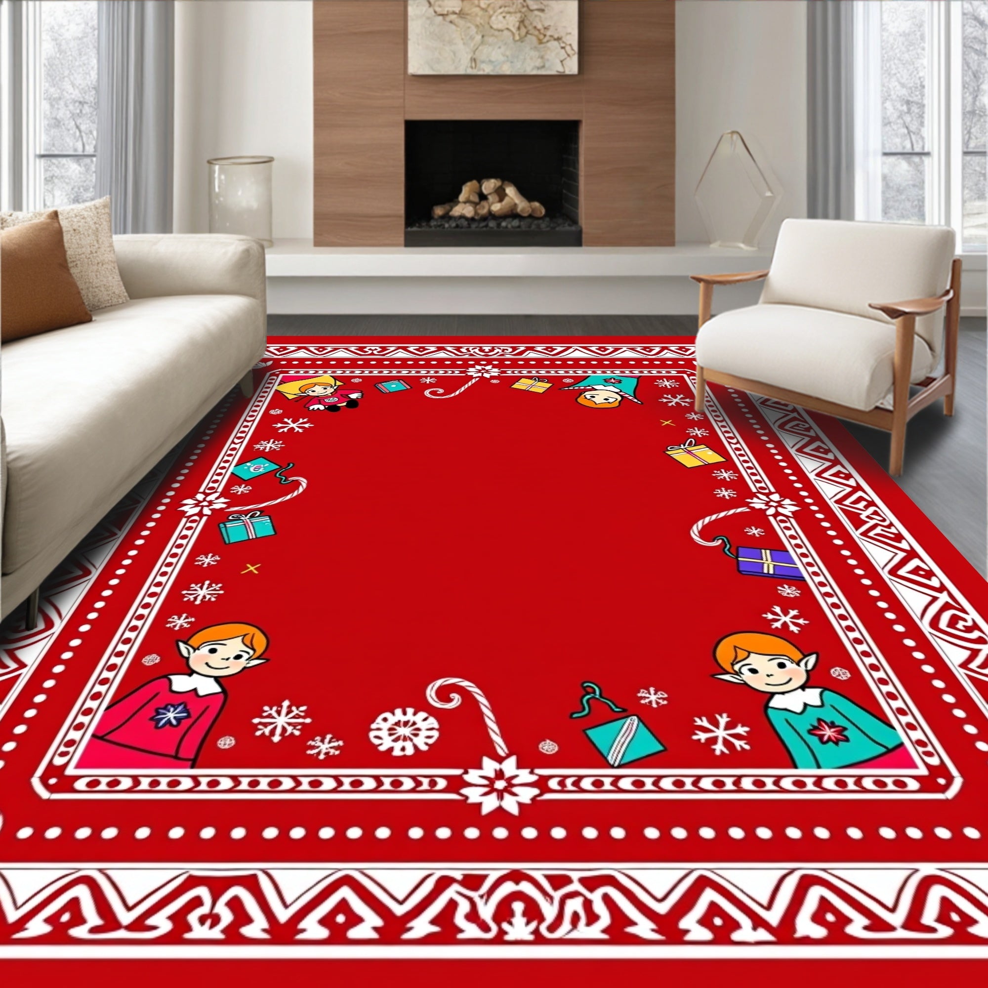 Festive Red Elf Christmas Gift Border Rug