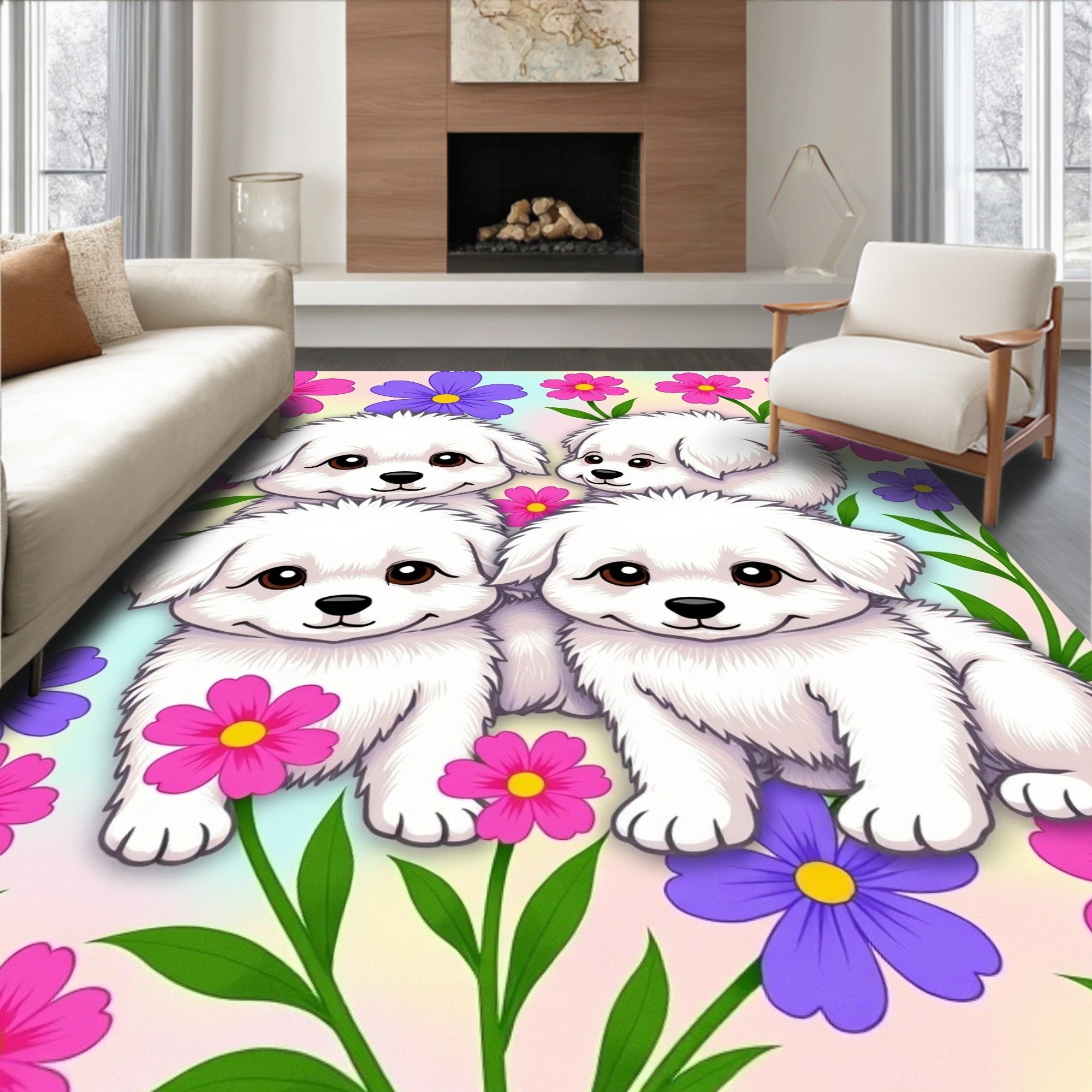Four White Puppies Among Colorful Flowers Rug