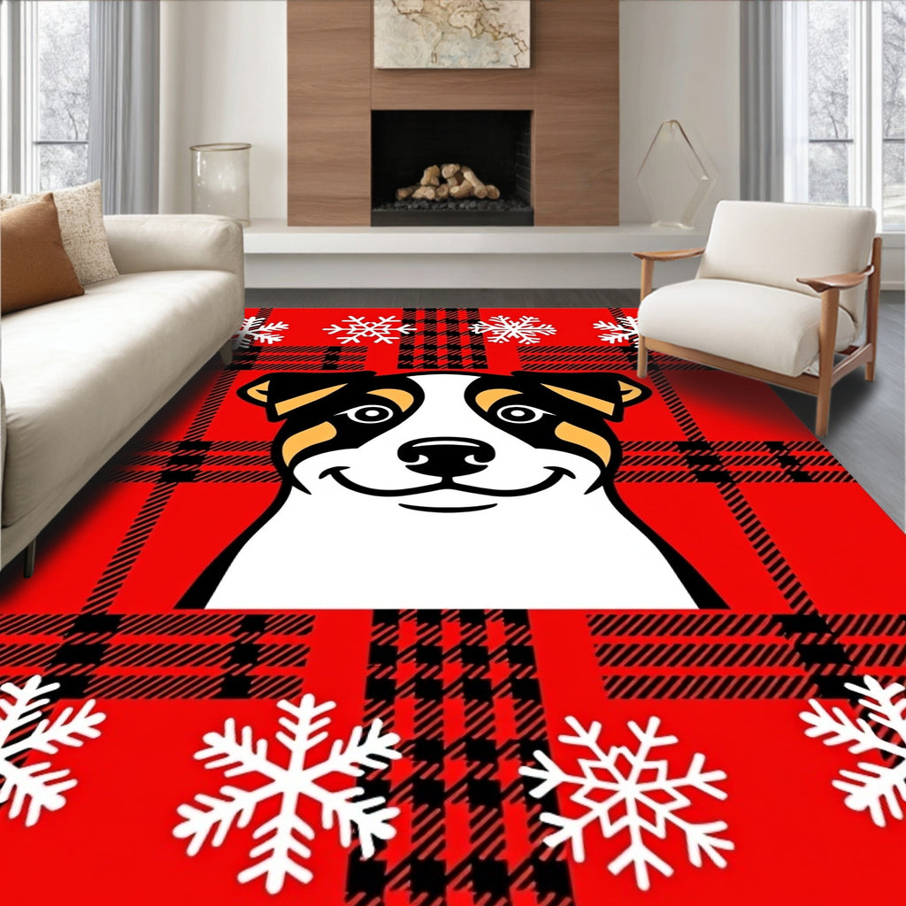 Red Tartan Dog Snowflake Border Rug
