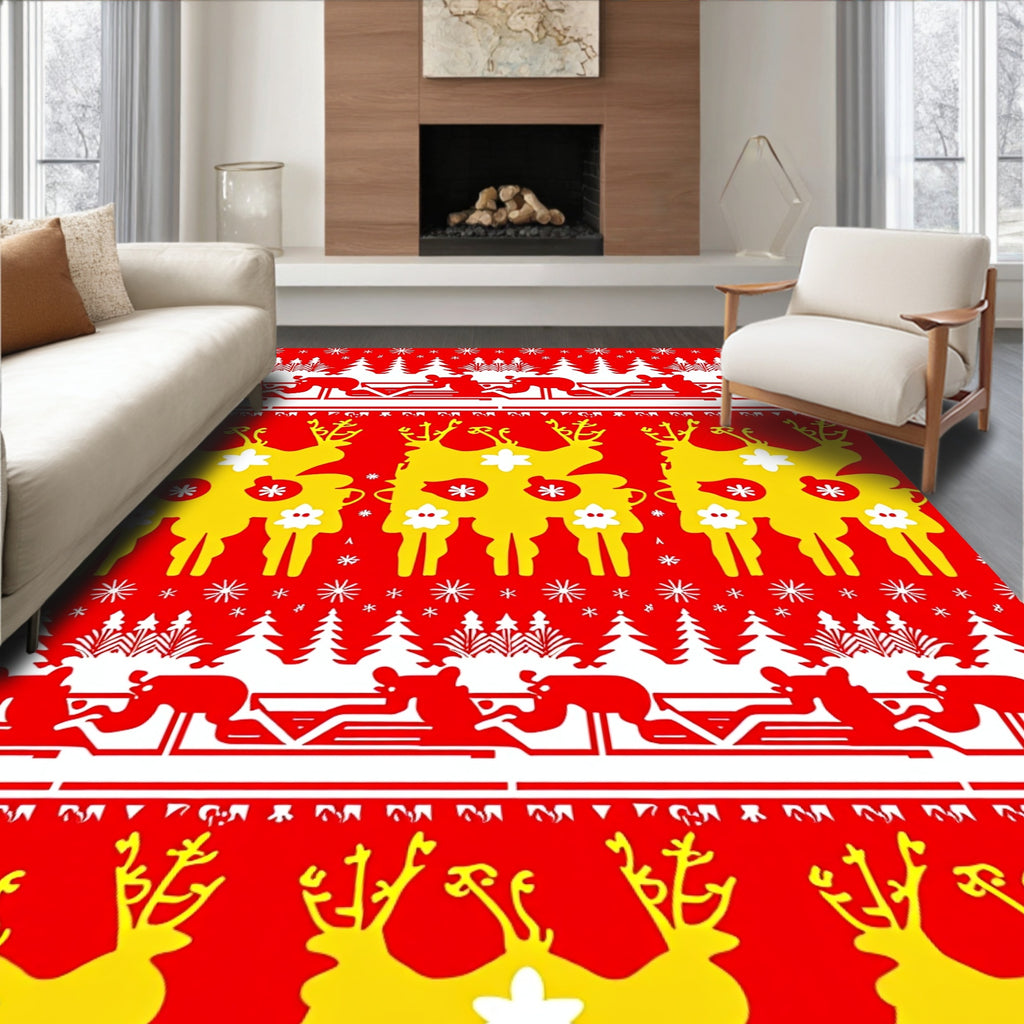 Red Yellow Festive Reindeer Woodland Rug