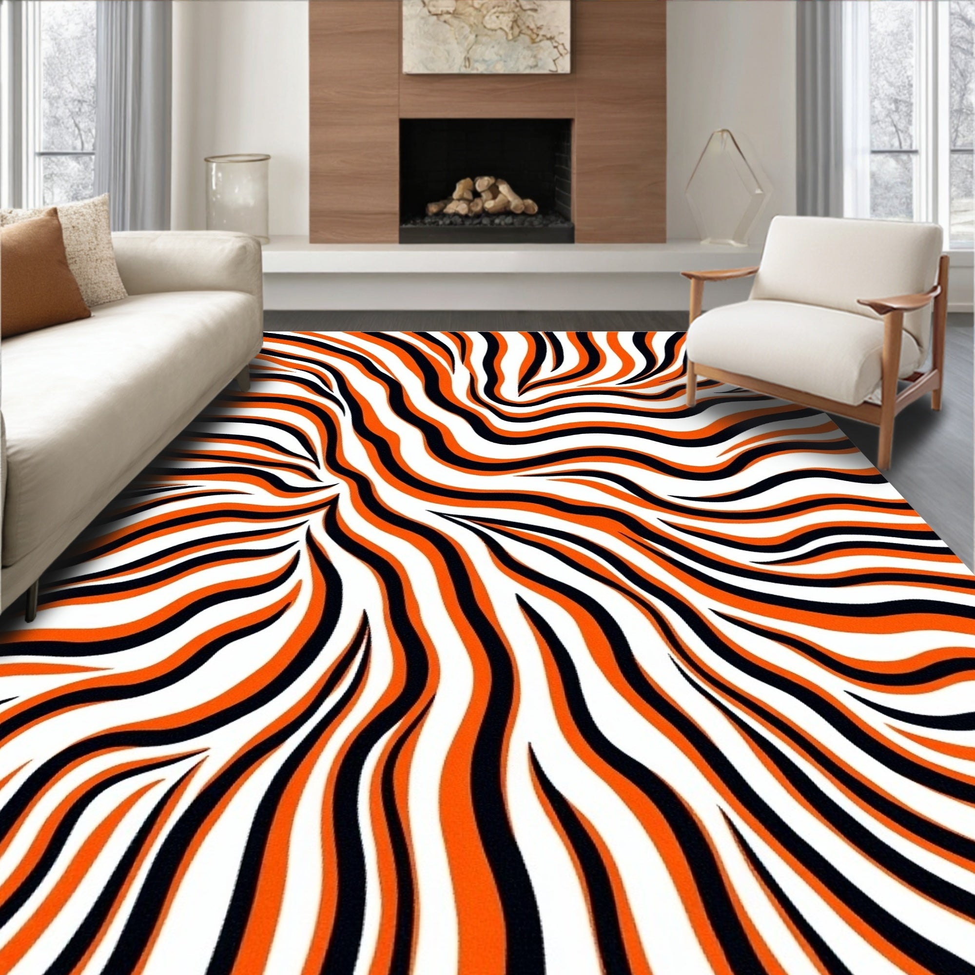 Bold Orange Black Wave Stripes Rug