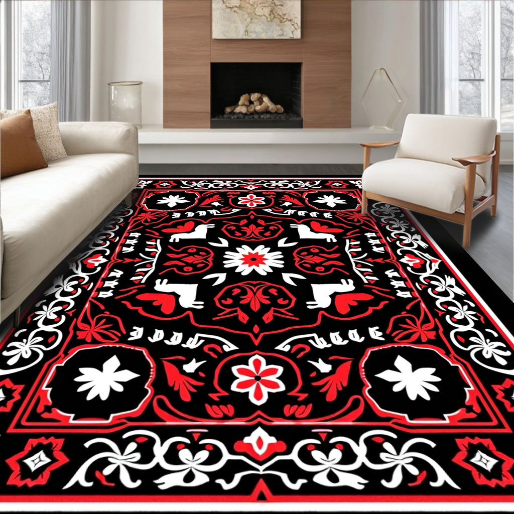 Bold Red White Animal Medallion Rug