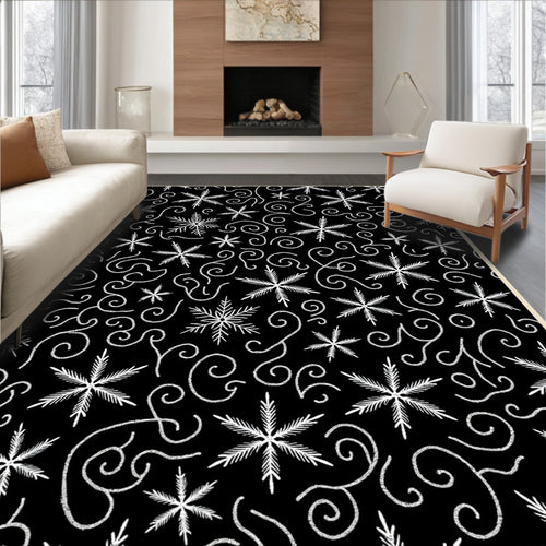 Black White Snowflake Swirls Winter Rug