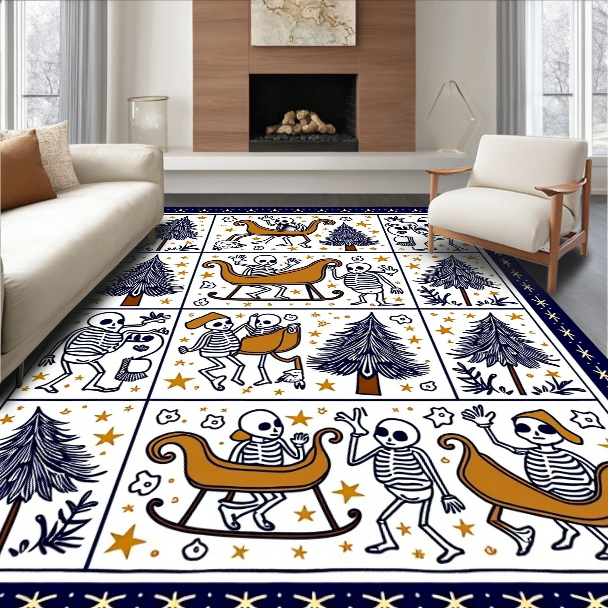 Whimsical Skeleton Sleigh Ride Navy Rug