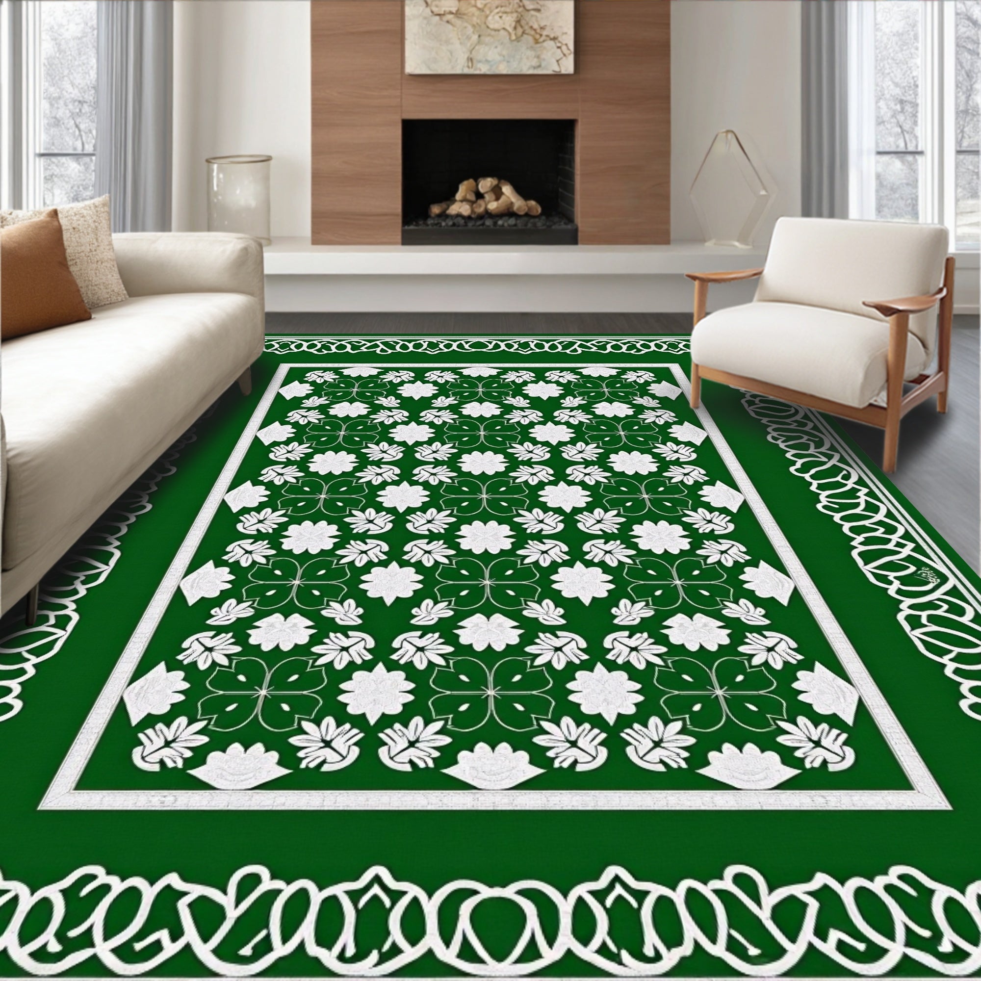 Emerald Green White Floral Lattice Border Rug