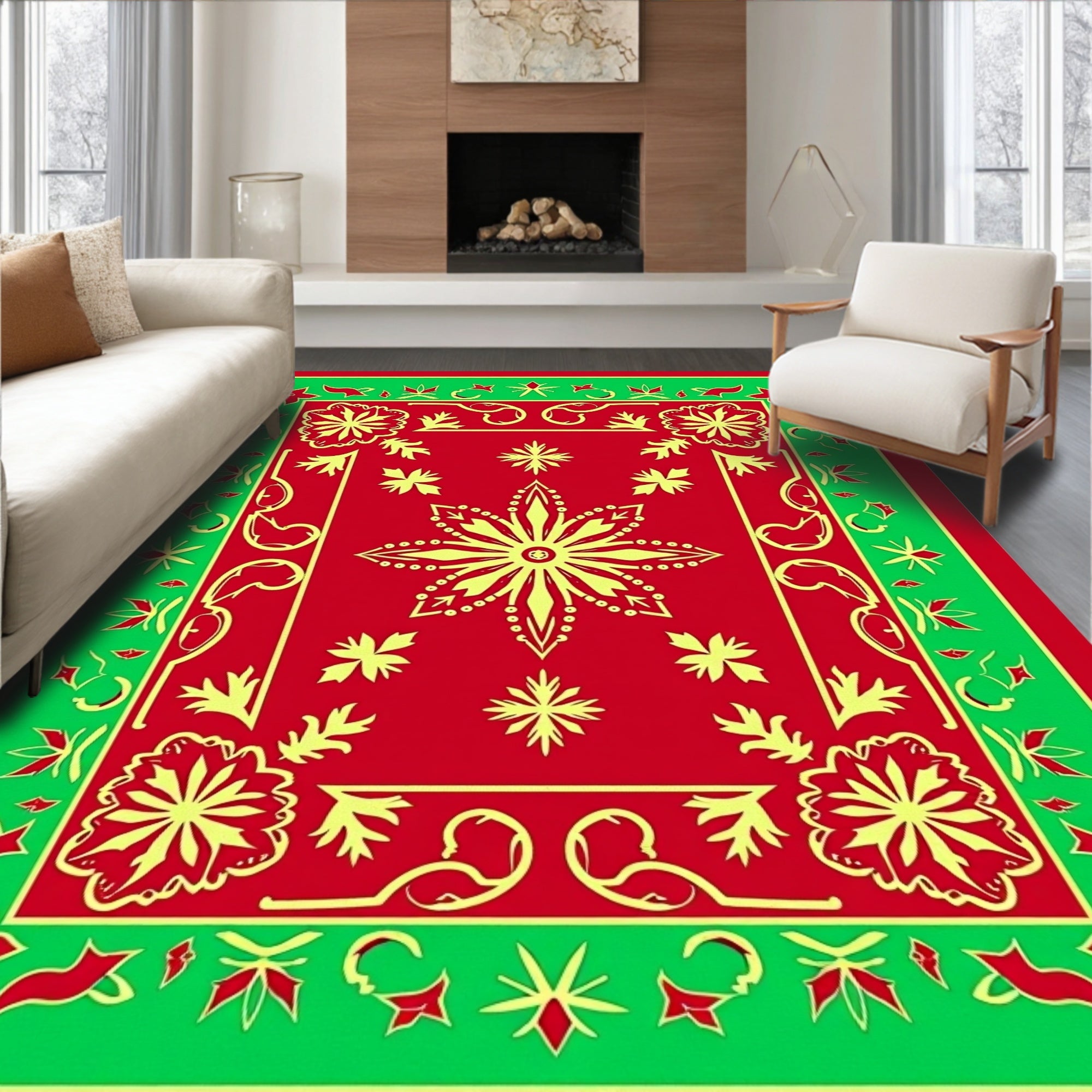 Festive Red Green Floral Medallion Rug