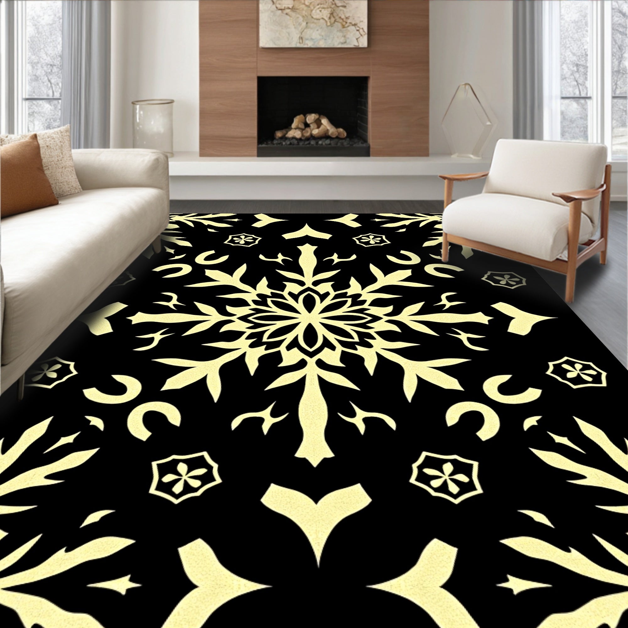 Golden Snowflake Black Lace Rug