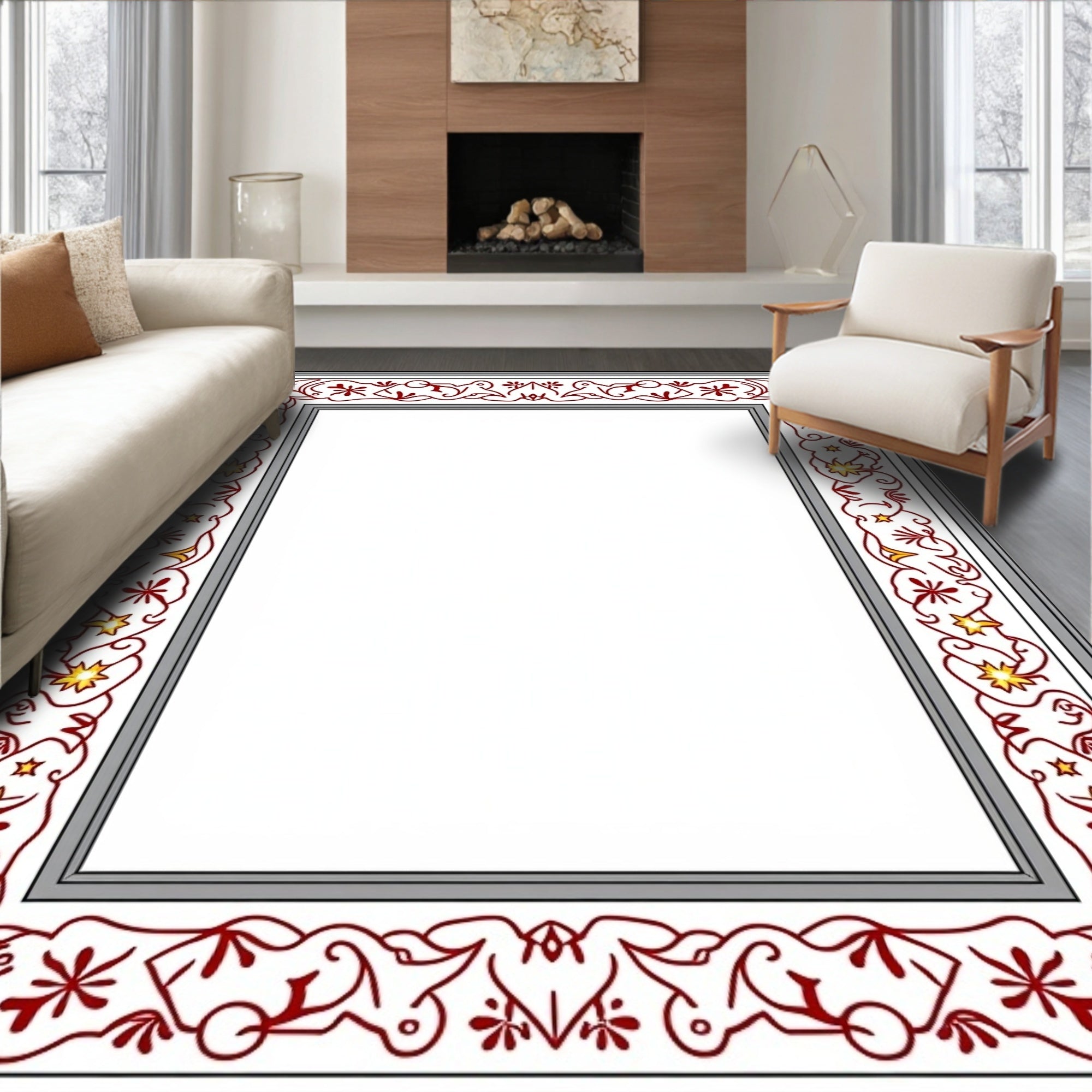 Crimson Golden Star Vine Border Rug