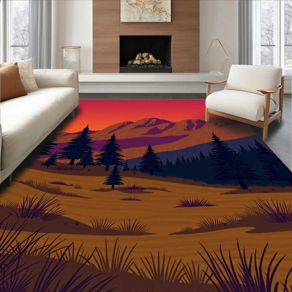 Crimson Mountain Sunset Evergreen Landscape Rug
