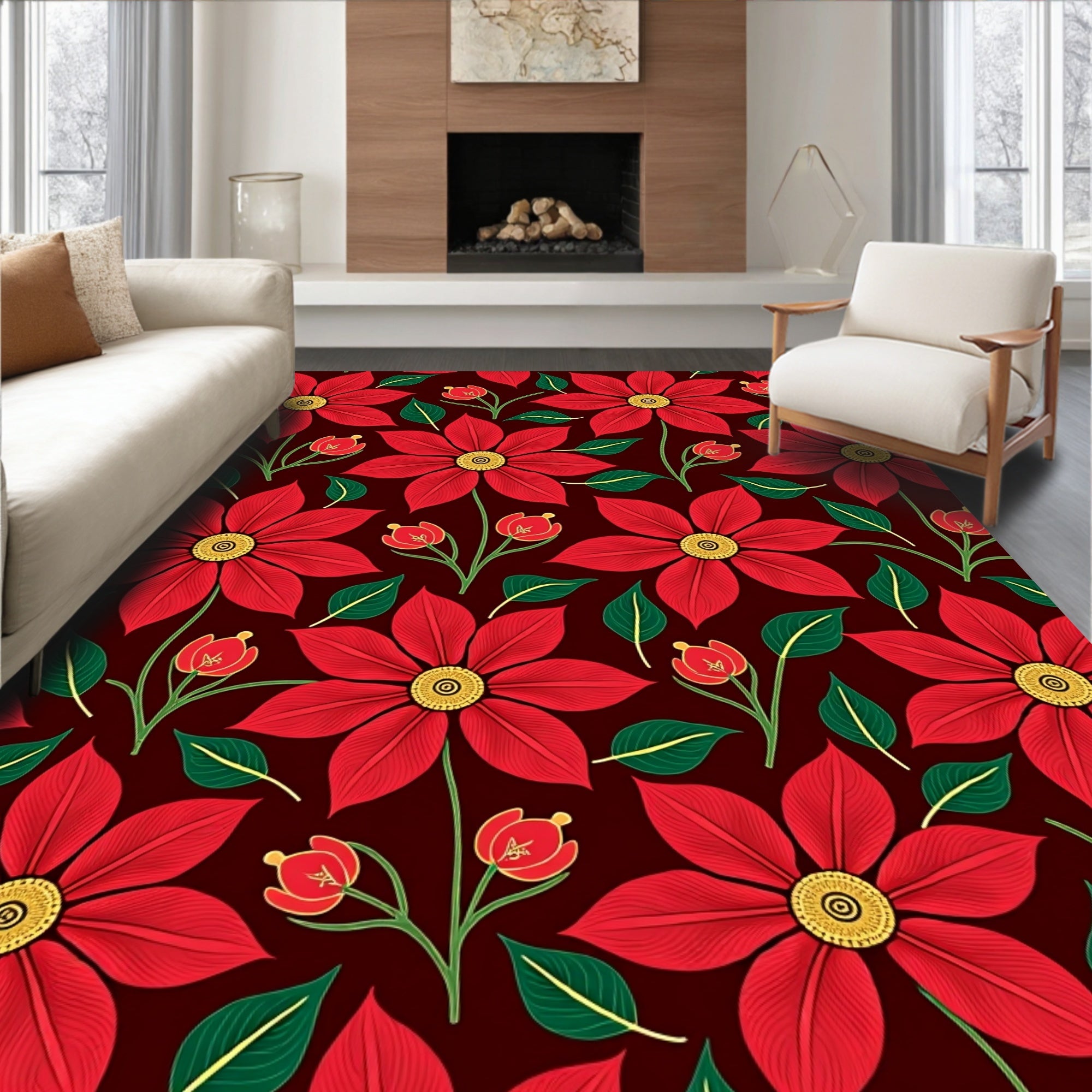 Vibrant Crimson Floral Swirl Rug