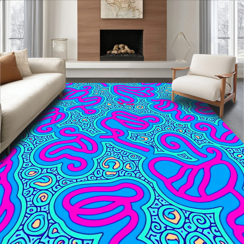 Bold Pink Swirls On Electric Blue Rug