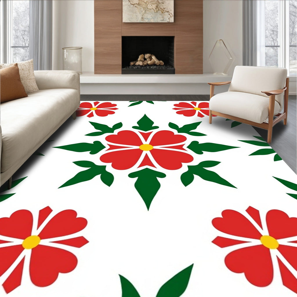 Bold Red Floral Green Foliage Rug