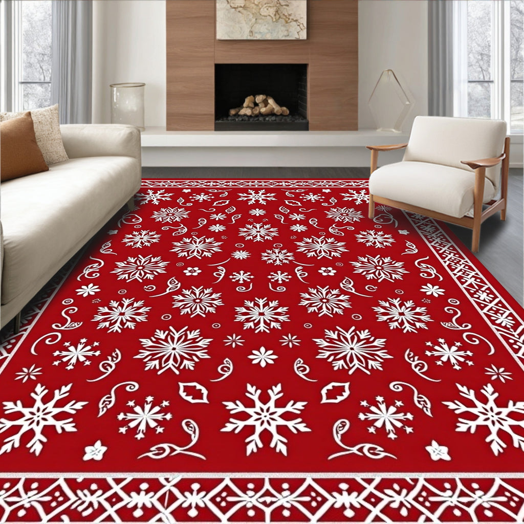 Crimson White Snowflake Holiday Medallion Rug