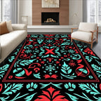 Red Turquoise Folk Floral Square Rug