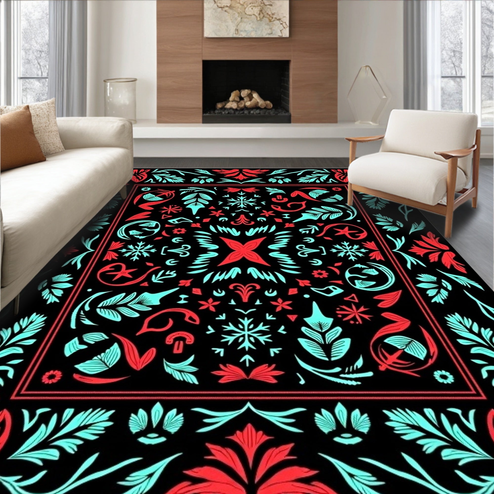 Red Turquoise Folk Floral Square Rug