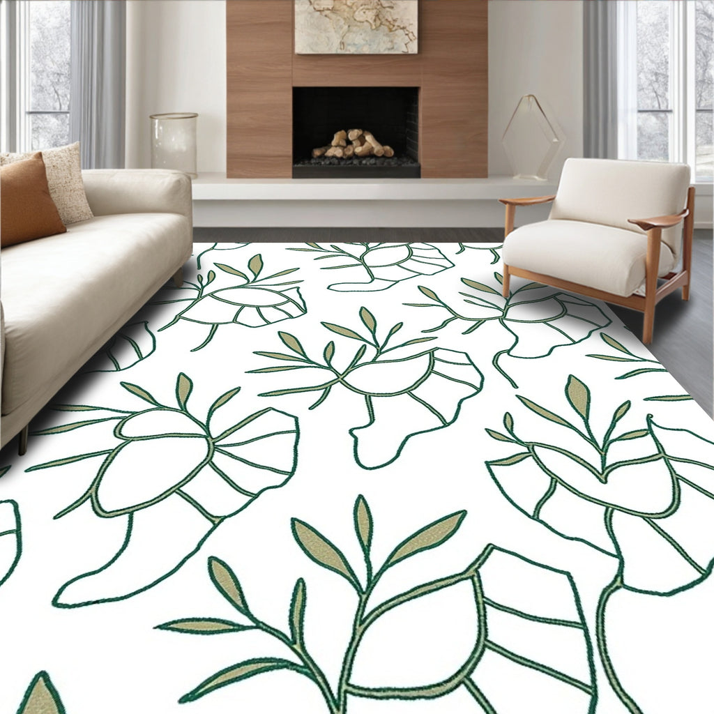 Green Leaf Outline Botanical Repeat Rug