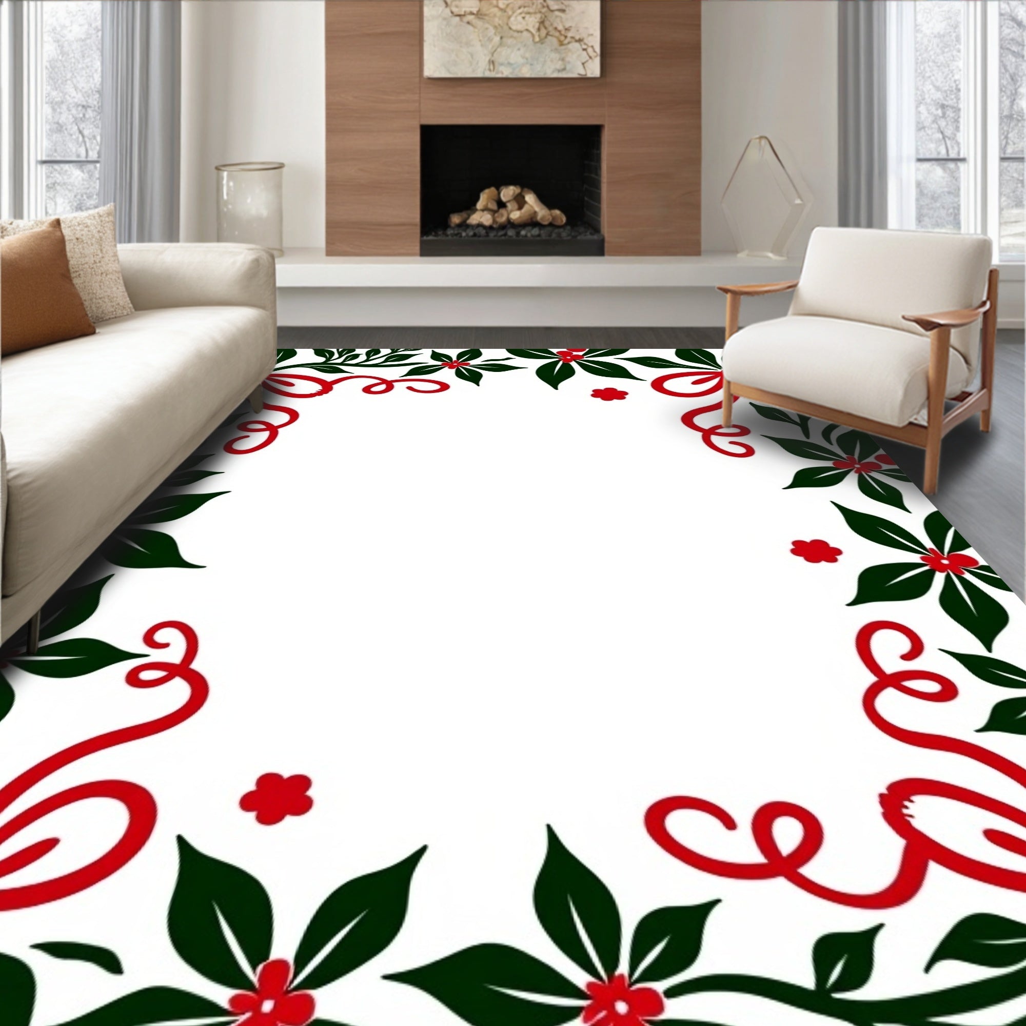 Festive Red Holly Leaf Swirl Rug