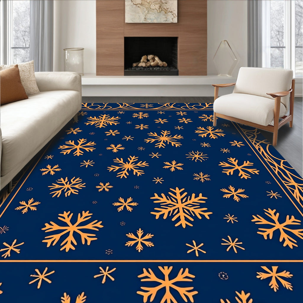 Orange Snowflakes Navy Blue Border Rug