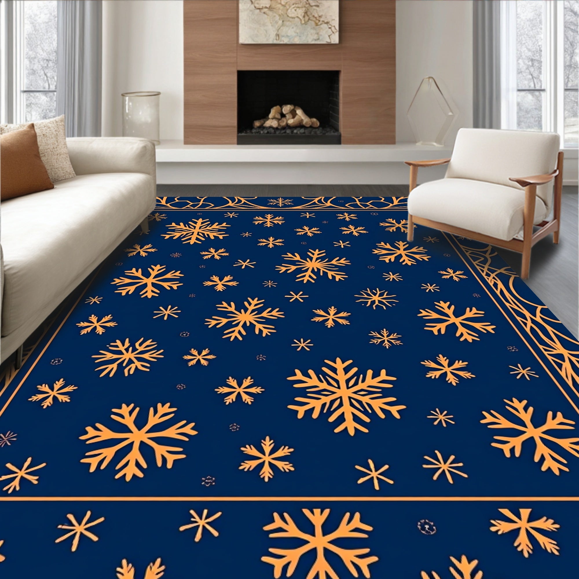 Orange Snowflakes Navy Blue Border Rug