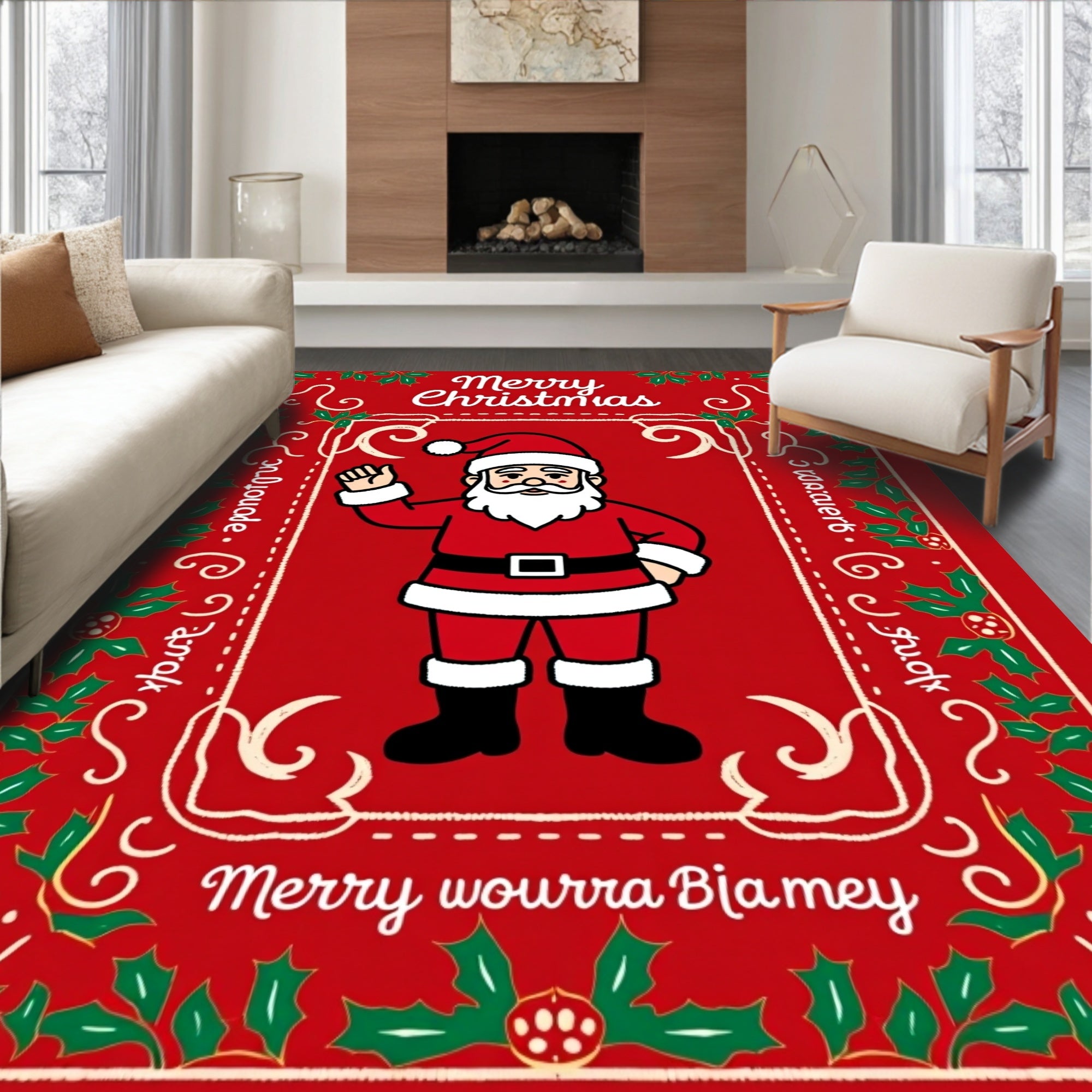 Jolly Santa Claus Holly Border Rug