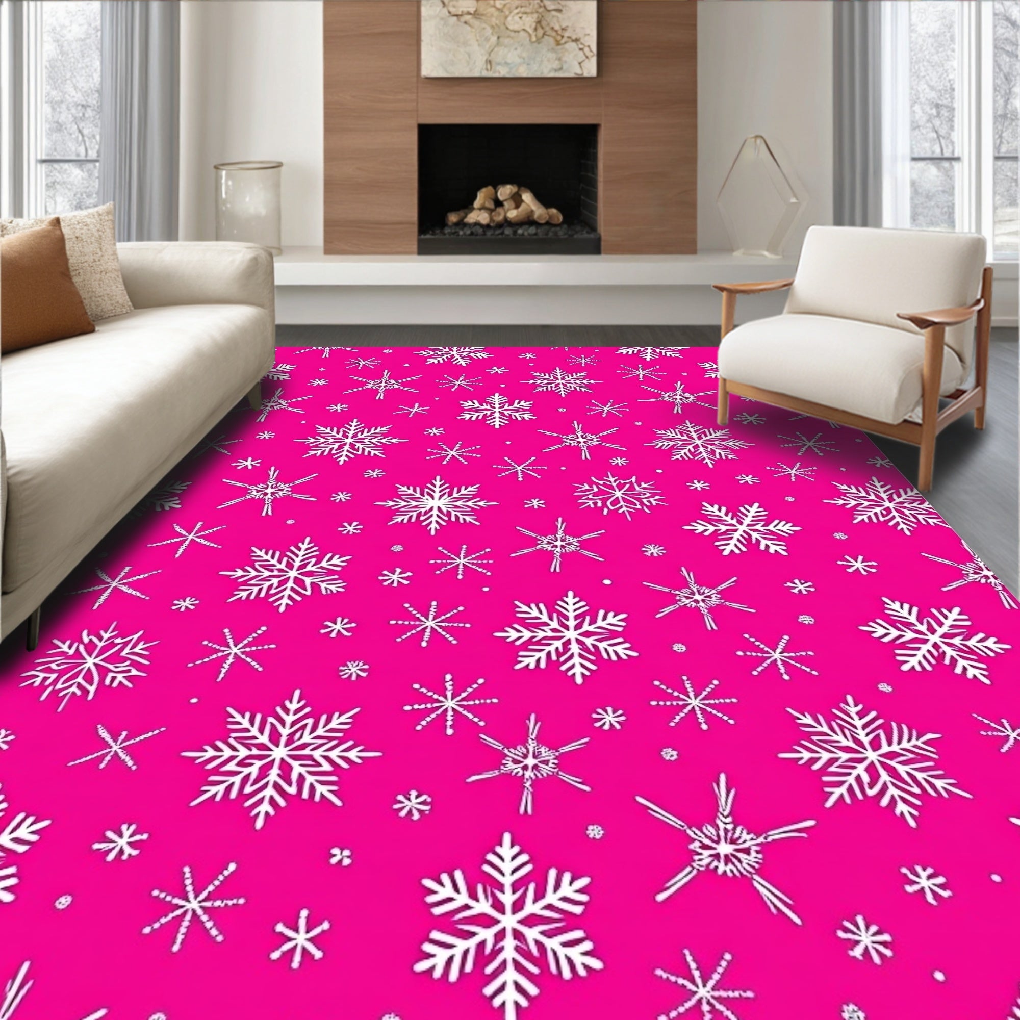 Bright Pink Snowflake Collage Rug