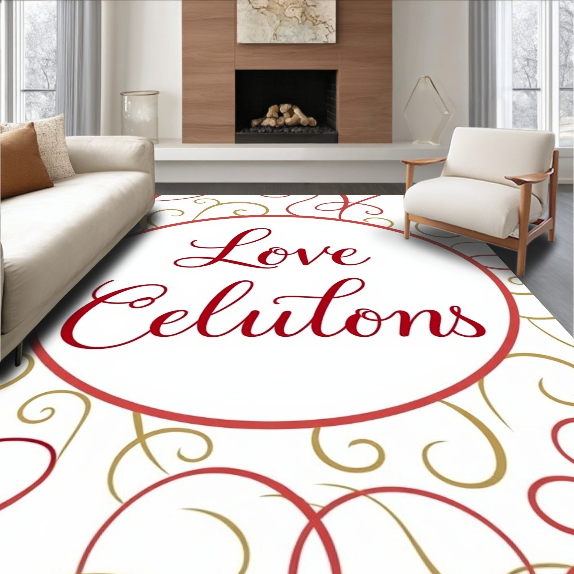 Red Gold Swirl Calligraphy Oval Rug