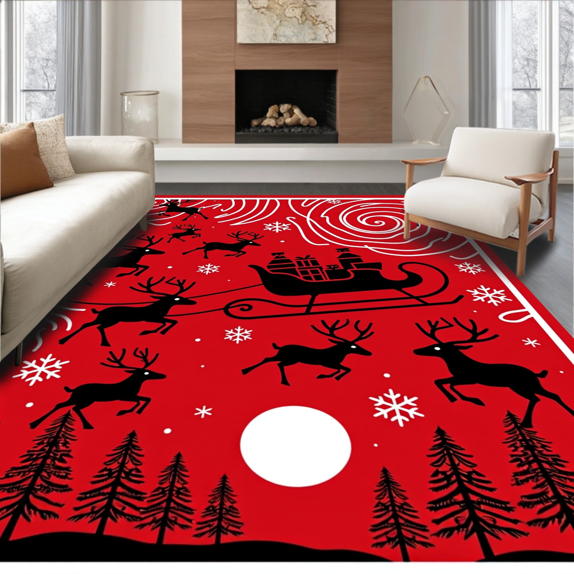 Red Sleigh Reindeer Snowy Night Rug