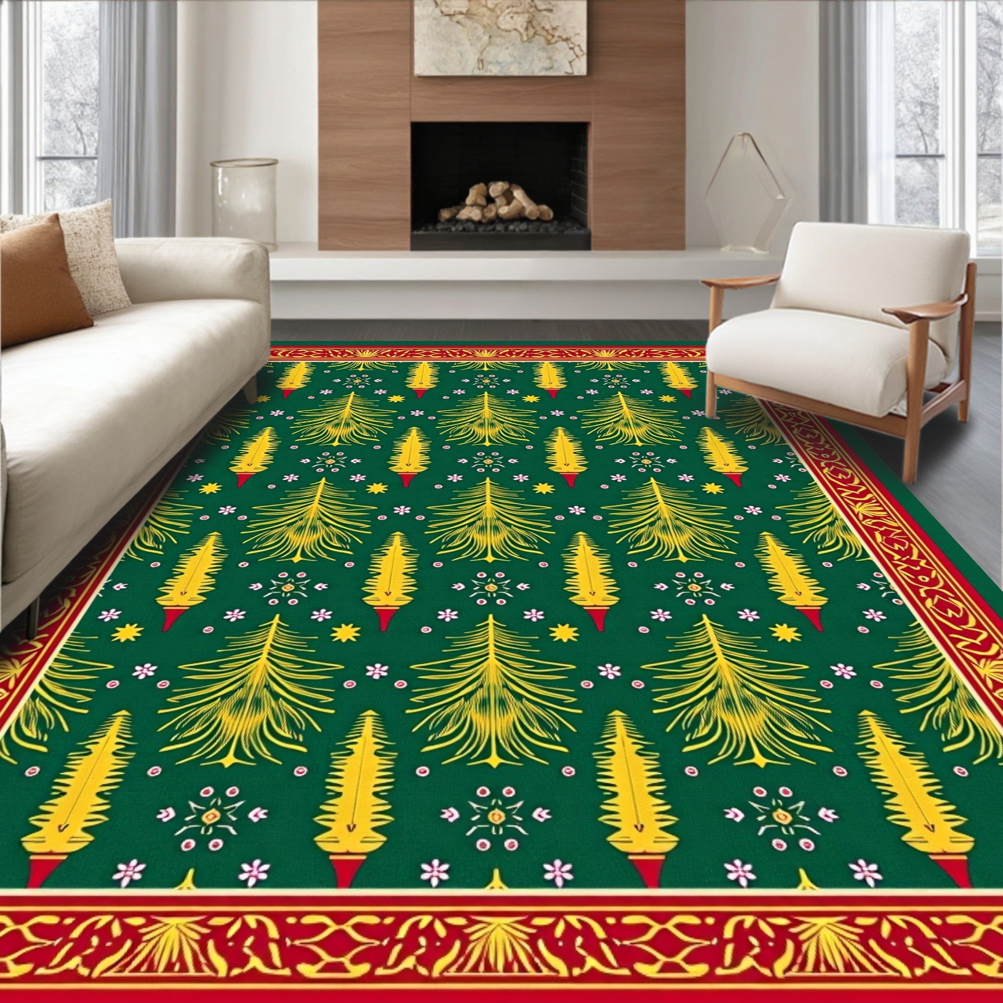 Festive Green Yellow Pine Border Rug