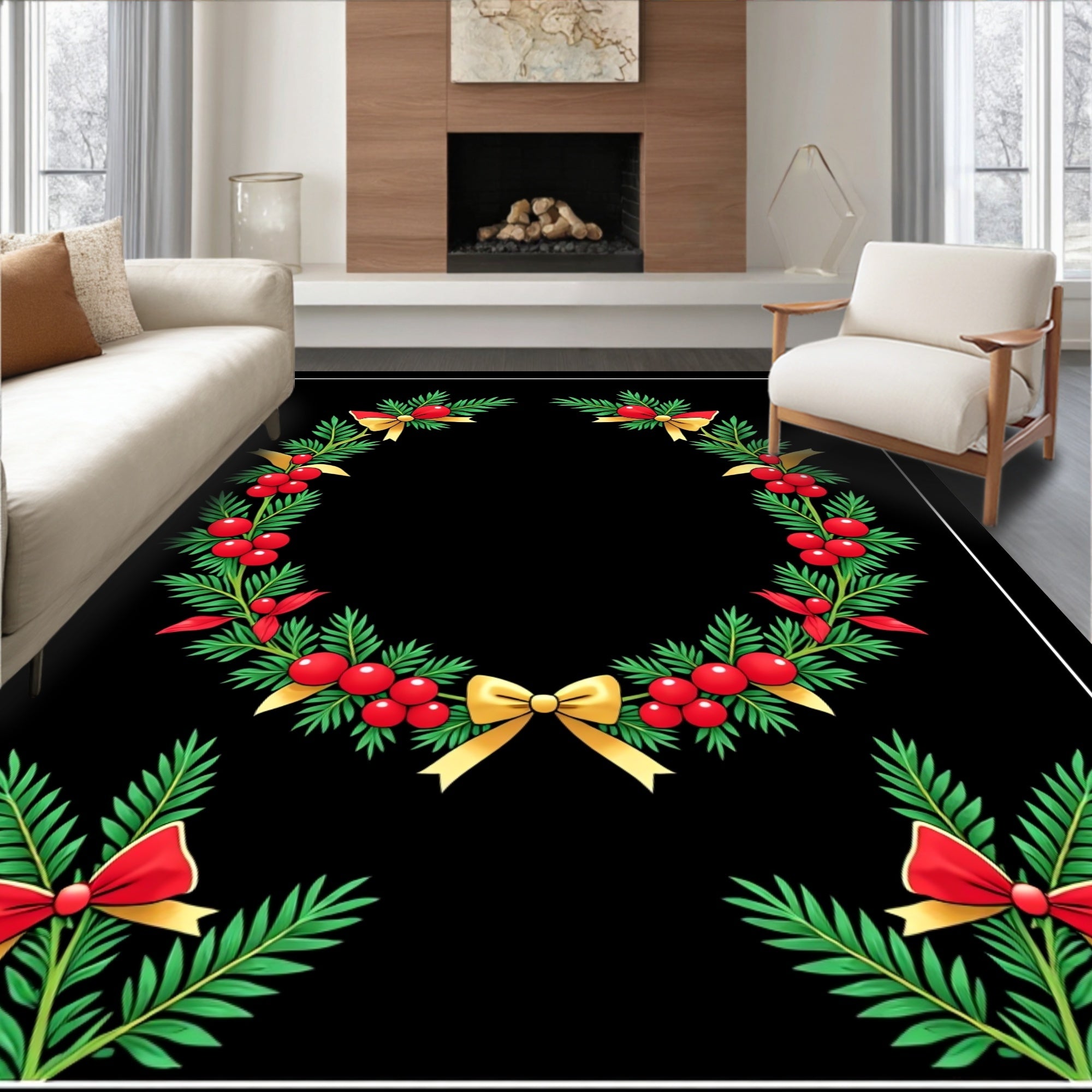 Christmas wreath green red gold bows Rug