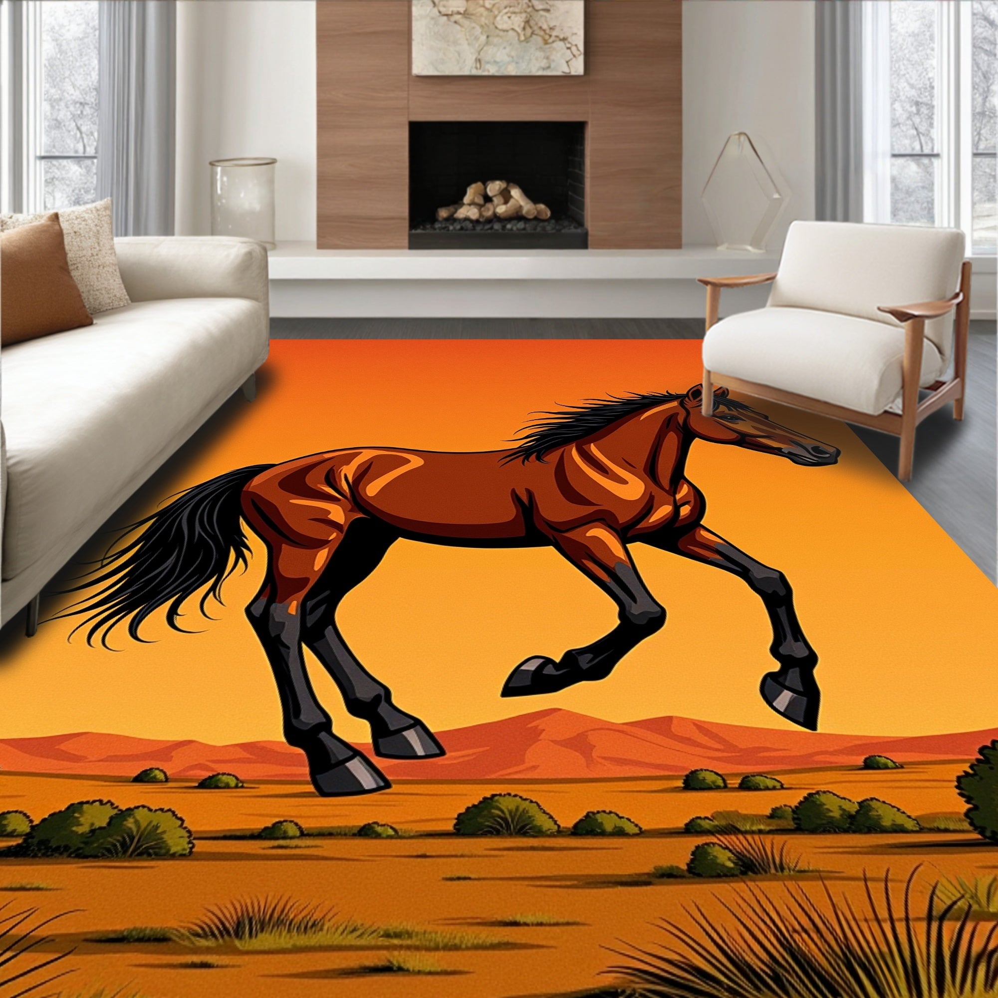 Galloping Horse Sunset Desert Scene Rug