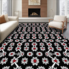 Black Crimson White Floral Lattice Rug