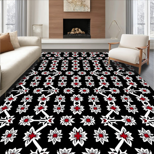 Black Crimson White Floral Lattice Rug
